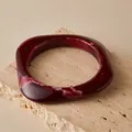 Close-up of thick square resin bangle with dark wine red and white marble texture - Deep Wine Red (AB0086-11)
