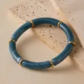 Bohemian elastic tube bracelet featuring blue marble texture and gold metal accents - Blue Marble Style (AB0091-19)