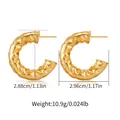 Detail view of gold C-shape earrings with irregular hammered texture and dimensions - Hammered Irregular C-Shaped Earrings (KE1493)