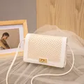 White crossbody square bag with beige honeycomb mesh pattern and gold metal clasp - White