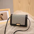 Women's black and white mesh crossbody small square bag with golden twist lock - Black
