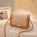 Retro brown leather crossbody bag with cream honeycomb mesh panel and gold metal lock - Brown
