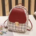 Mini checkered PU leather backpack for women with red contrast trim and gold buckle - Red