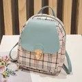 Mini plaid PU leather backpack in cream and sky blue with a gold metal clasp - Blue