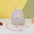 Mini plaid backpack for women with cat pearl charm and adjustable shoulder straps - Light Gray