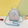 Mini plaid crossbody bag with pearl cat charm and light blue leather accents - Blue