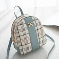 Dames mini-rugzak met beige ruitpatroon en lichtblauwe lederen biesjes in zoete stijl - Blauw