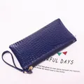 Dark blue long clutch bag with crocodile embossed texture and golden metal zipper - Dark Blue