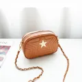 Chic brown crossbody camera bag with star embroidery and metallic chain strap detail - Brown
