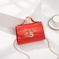 Chic red crocodile pattern square crossbody bag with gold lock and chain strap - Red