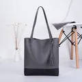 Minimalist grey and black contrast tote bag with long leather tassel detail - Light Gray