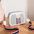 Crossbody camera bag in gray and white lychee leather with striped fabric strap - Light Gray