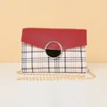 Classic red and beige plaid crossbody bag with gold ring buckle and metallic chain - Burgundy