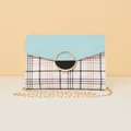 Sky blue and plaid crossbody square bag with golden chain strap and round metal buckle - Blue
