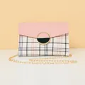 Pink and beige checkered crossbody bag with gold chain strap and metal lock - Pink