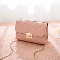 Pink quilted PU leather crossbody bag with golden chain strap and round metal twist lock - Pink