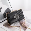 Chic black V-quilted faux leather chain bag with geometric buckle on a magazine background - Square Buckle Black