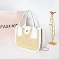 Women's woven crossbody bag with beige straw texture and white leather handle - White
