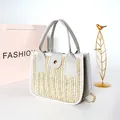 Chic woven patchwork crossbody bag in light grey leather and straw texture finish - Light Gray