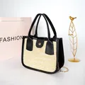 Women's woven color-block small square handbag with beige straw and black leather strap - Black