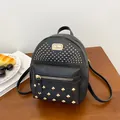 Schwarzer Mini-Rucksack mit goldenen Nieten und Metallplatte auf dunklem Holztisch - Schwarz