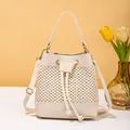 Sac seau tissé blanc crème élégant avec cordon de serrage et bandoulière réglable - Blanc