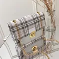 Pink and white plaid crossbody bag with gold chain strap and metal buckle closure - Light Gray