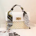 Chic small square bag with yellow clover pattern and decorative handle silk scarf - White