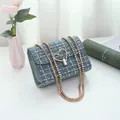 Sac bandoulière en tweed bleu et blanc avec fermoir doré en forme de cœur pour femme - Bleu Ciel