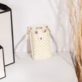 White mini crossbody phone bag with yellow geometric circles and gold buckle - Monogram Print Style / White