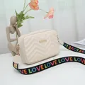 Chic beige quilted square crossbody bag with wave embroidery and colorful LOVE strap - White