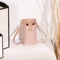 Women's mini crossbody phone bag in nude pink with retro circular geometric patterns - Monogram Print Style / Pink
