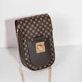 Vintage small square phone bag with floral pattern and gold chain strap in dark brown - 11*5*18.5 / Coffee