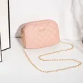 Quilted light pink square bag with golden chain strap and minimalist metal plaque - Pink