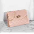 Detailed view of pink quilted handbag with gold chain strap and metallic twist lock clasp - Pink