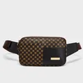 Women's square waist bag featuring brown clover pattern and black leather patchwork - Circles pattern with Coffee