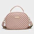 Pink crossbody bag with floral print, gold plate and colorful wide strap - Pink