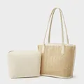 Women's large woven tote bag with matching leather clutch and dual shoulder straps - White