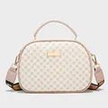 Cream crossbody camera bag with gold clover pattern and colorful woven strap - White