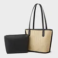 Straw woven tote bag and black leather clutch set for women with large capacity - Black