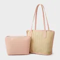 Women's woven tote bag set with pink leather trim and matching inner clutch pouch - Pink
