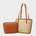 Women's woven tote bag set with brown leather handles and matching zipper pouch - Brown