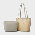 Women's straw tote bag set with grey leather trim and matching inner pouch - Gray