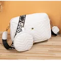 Detail of white quilted crossbody bag with 1980 strap and matching round coin purse charm - Shoulder Bag Set / White