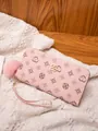 Pink monogram long wallet for women with fuzzy pom-pom charm and wristlet strap - Pink