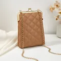 Brown quilted crossbody mobile phone bag with golden chain and metal clasp closure - Khaki