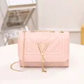 Light pink V-pattern crossbody bag with gold metallic tassel and chain strap - Pink