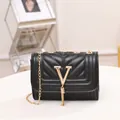 Classic black V-quilted small square bag with golden chain tassel and strap - Black