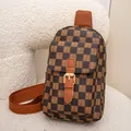 Brown checkered crossbody chest bag with leather accents and woven shoulder strap - Coffee