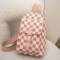 Pink checkered crossbody chest bag with gold buckle and beige woven strap - Pink